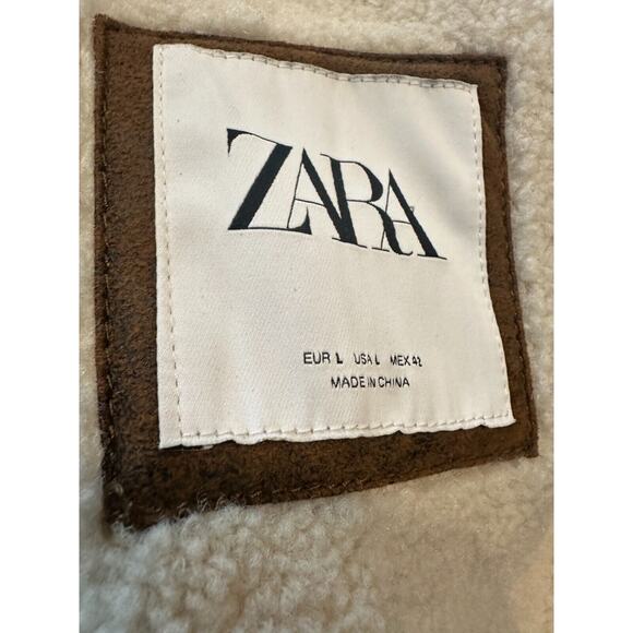 Zara Faux Leather Sherpa Lined Aviator Style Contrast Double Collar Jacket Large - Picture 11 of 13